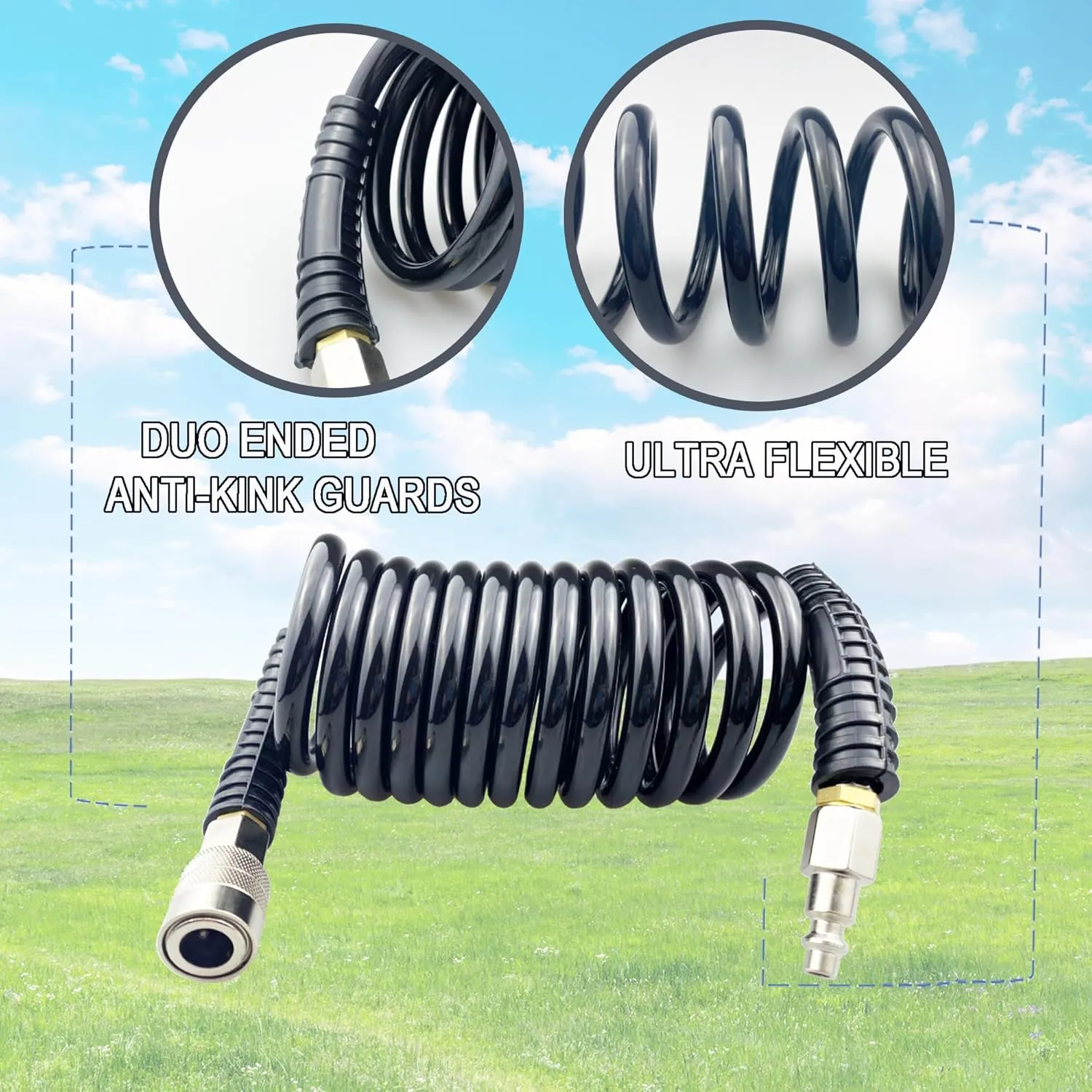 Polyurethane Recoil Air Hose, Air Compressor Hose with 1/4" Swivel Fittings, for Industrial, Household, Garage, Station (50 FT, Black)
