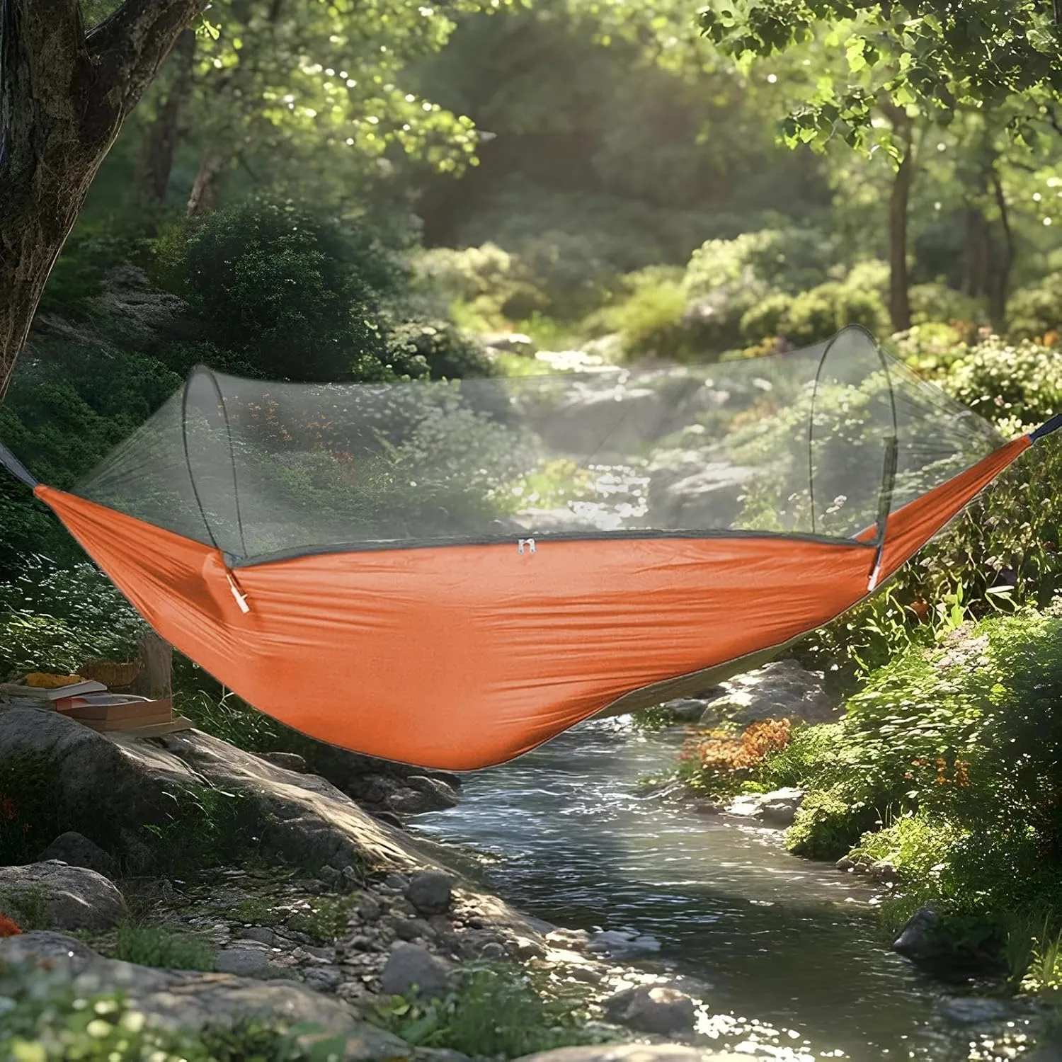 Pop Up Hammock Net - Instant Pop Up Hammock, Travel Net | Camp Use with Fine Mesh,Carabiners and Tree Straps Included Outdoor Resting Equipment for Friends, Coworkers, Family