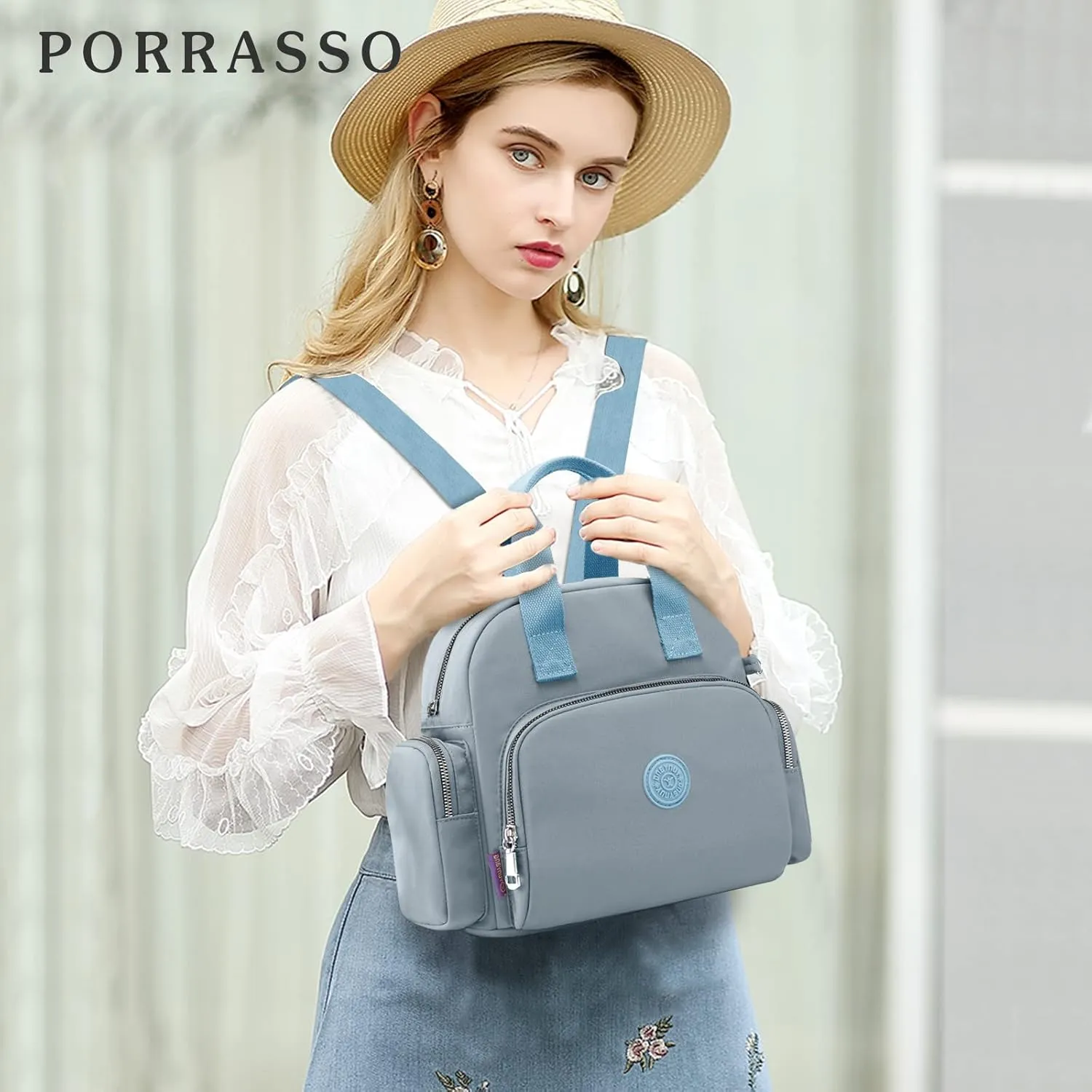 PORRASSO Women Backpack Fashion Shoulder Bag Multifunctional Daypack with USB Charging Port Handbag Nylon Crossbody Bag for Work Travel Dating Light Blue