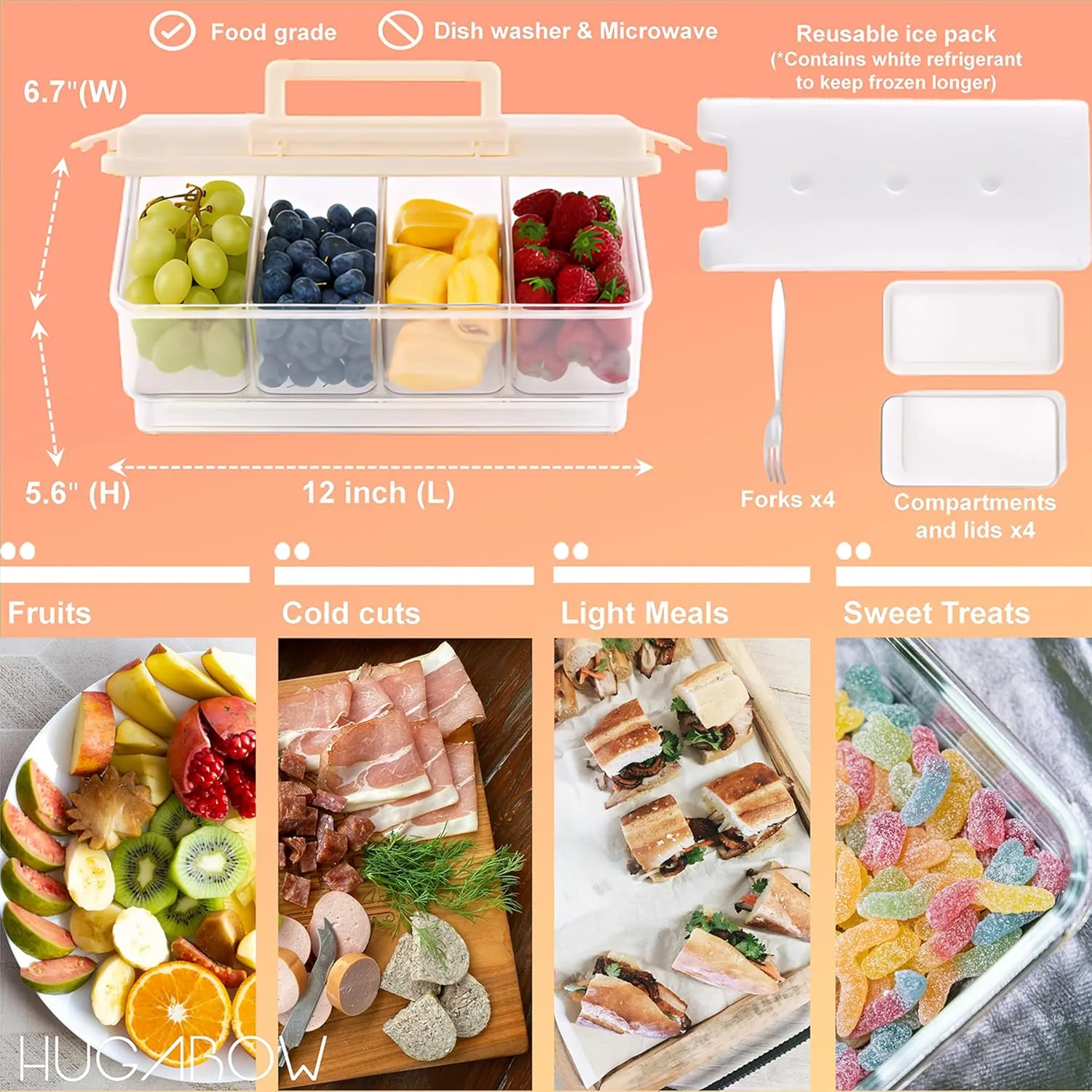 Portable Snackle Box Container with Ice Pack, 4 Large Compartments Chilled Travel Charcuterie Tray with Lid & Forks, Cooling Divided Serving Tray, for Outdoor Parties, Picinics