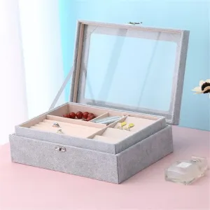 Portable Velvet Carrying Case with Glass Jewelry Display Tray Holder Storage Box Organizer Earrings Necklaces(Gray)