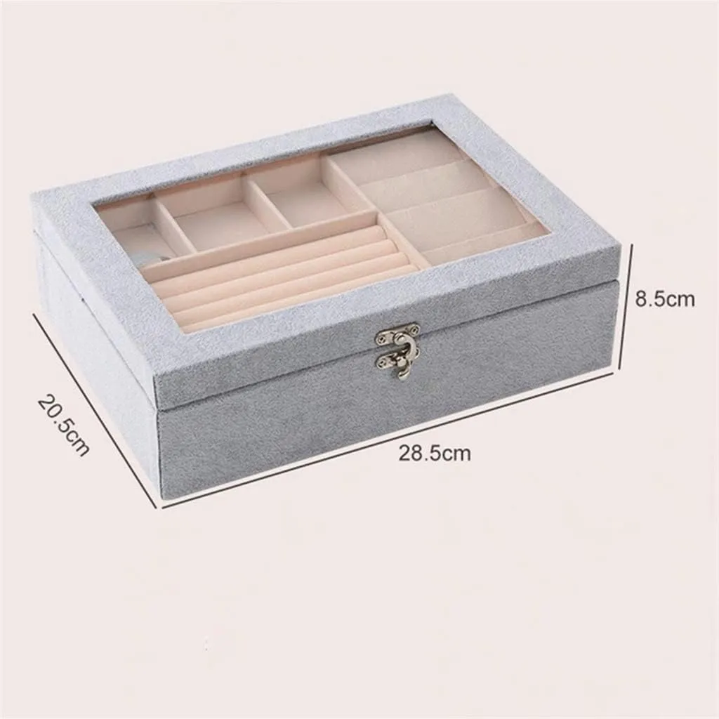 Portable Velvet Carrying Case with Glass Jewelry Display Tray Holder Storage Box Organizer Earrings Necklaces(Gray)