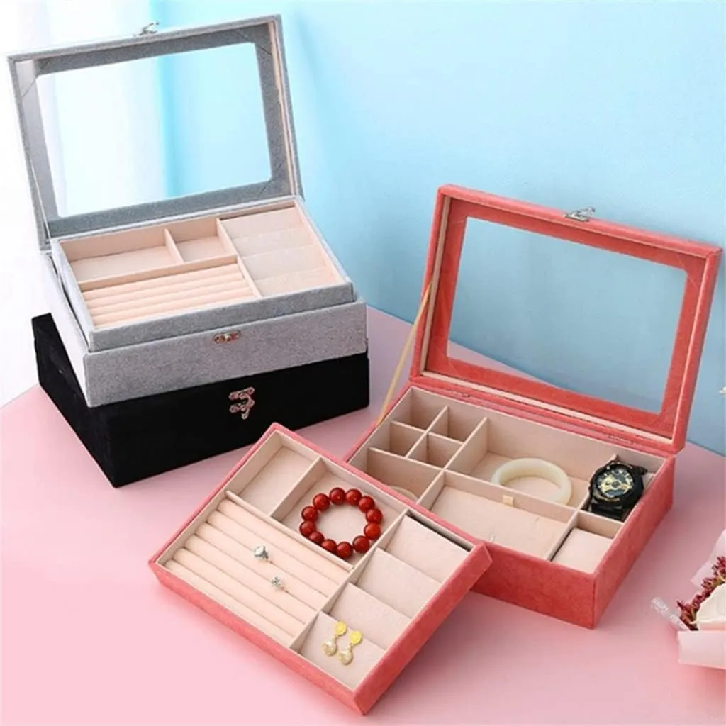 Portable Velvet Carrying Case with Glass Jewelry Display Tray Holder Storage Box Organizer Earrings Necklaces(Gray)