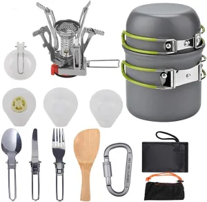 Protable Camping cookware Measuring kit for 2 People Light Outdoor Cooking Equipment with Stove Non Stick pan Pot with Utensils Bag for Hiking Picnic A Orange