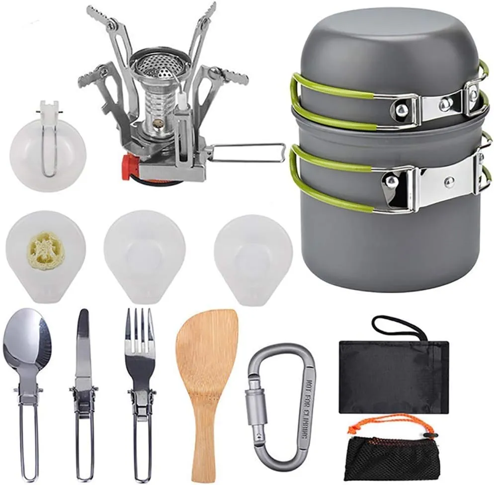 Protable Camping cookware Measuring kit for 2 People Light Outdoor Cooking Equipment with Stove Non Stick pan Pot with Utensils Bag for Hiking Picnic A Orange