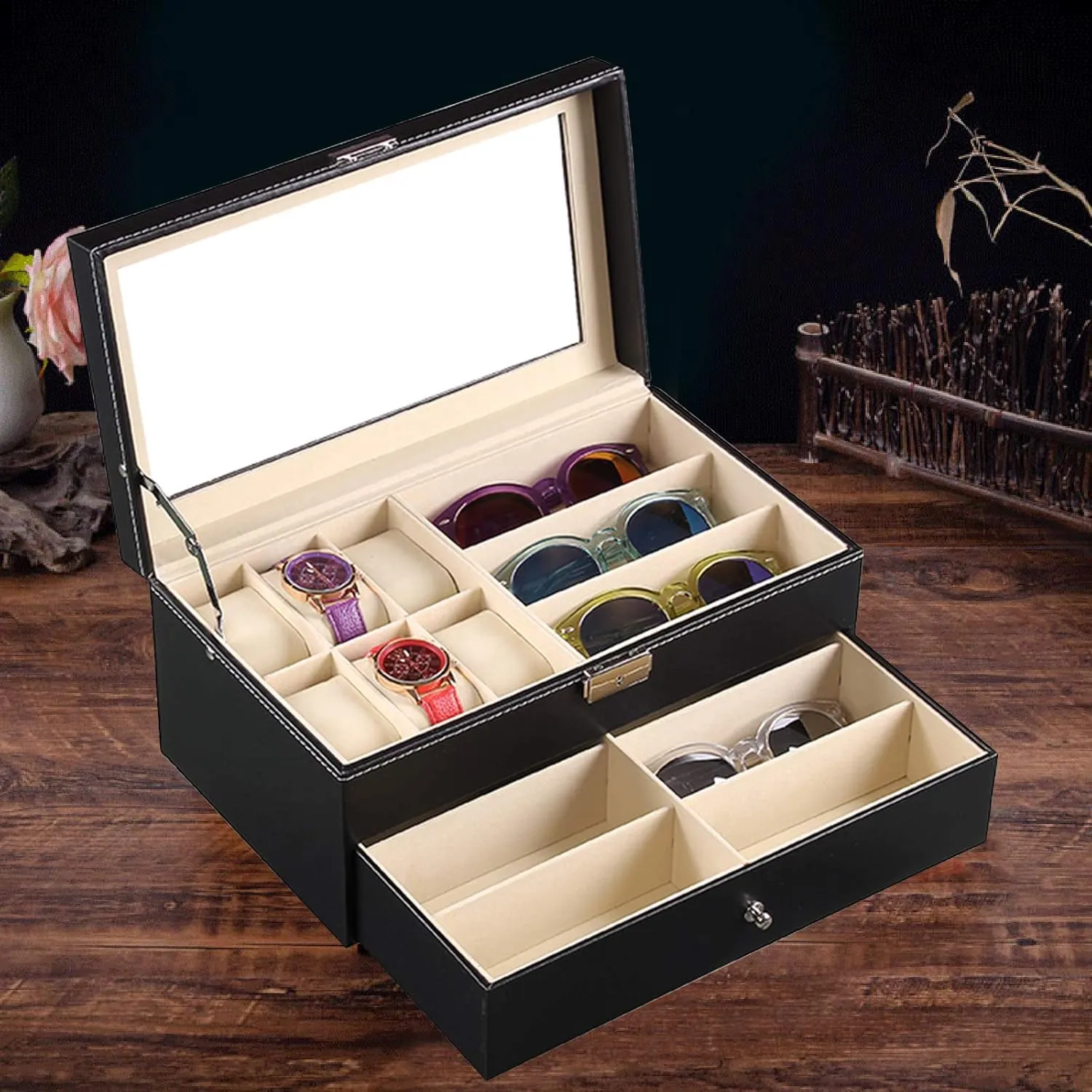 PU Leather Lockable Watch Storage Boxes 2-Tier, 6 Watch Box Jewelry Case and 9 Piece Eyeglasses Storage and Sunglass Glasses Display Drawer Men & Women Jewelry Display Drawer Case with Glass Lid Black