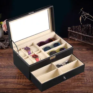 PU Leather Lockable Watch Storage Boxes 2-Tier, 6 Watch Box Jewelry Case and 9 Piece Eyeglasses Storage and Sunglass Glasses Display Drawer Men & Women Jewelry Display Drawer Case with Glass Lid Black
