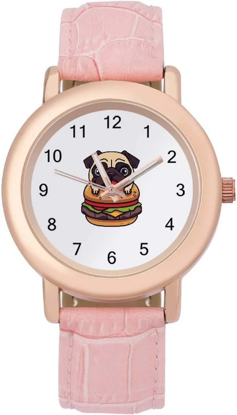 Pug Dog Hamburger Women's Leather Strap Watch Elegant Leather Band Ladies Watches Three-Hand Watch