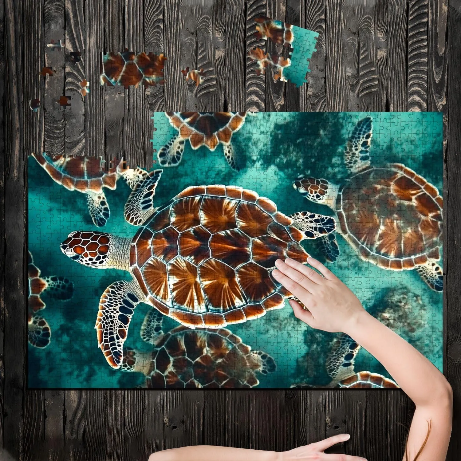 Puzzles for Adults 1000 Pieces Sea Turtle Swims Under Water Pond Aquarium Wooden Jigsaw Puzzles Challenging Fun Educational Family Games Kid Toys Art Work Gift Home Decor