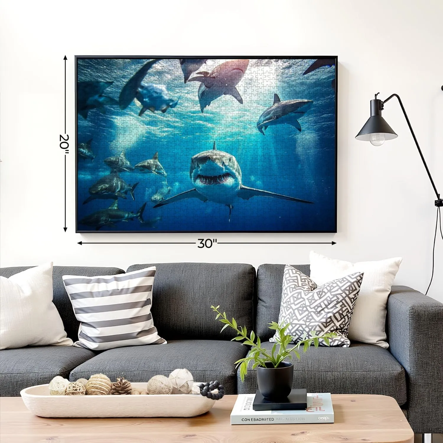 Puzzles for Adults 1000 Pieces Shark Swimming Beneath Surface Sun School Fish Foreground Wooden Jigsaw Puzzles Challenging Fun Educational Family Games Kid Toys Art Work Gift Home Decor