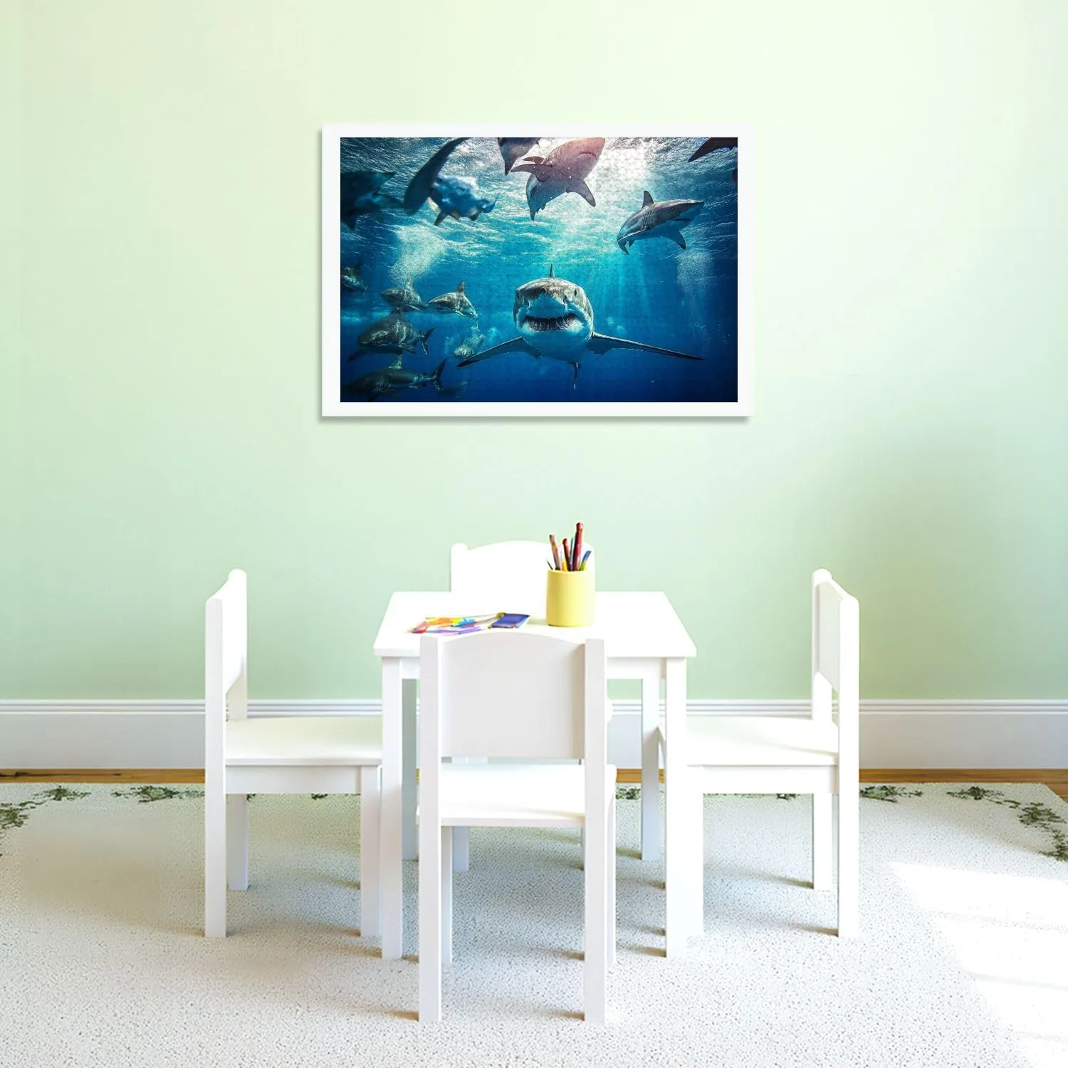 Puzzles for Adults 1000 Pieces Shark Swimming Beneath Surface Sun School Fish Foreground Wooden Jigsaw Puzzles Challenging Fun Educational Family Games Kid Toys Art Work Gift Home Decor