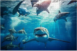 Puzzles for Adults 1000 Pieces Shark Swimming Beneath Surface Sun School Fish Foreground Wooden Jigsaw Puzzles Challenging Fun Educational Family Games Kid Toys Art Work Gift Home Decor
