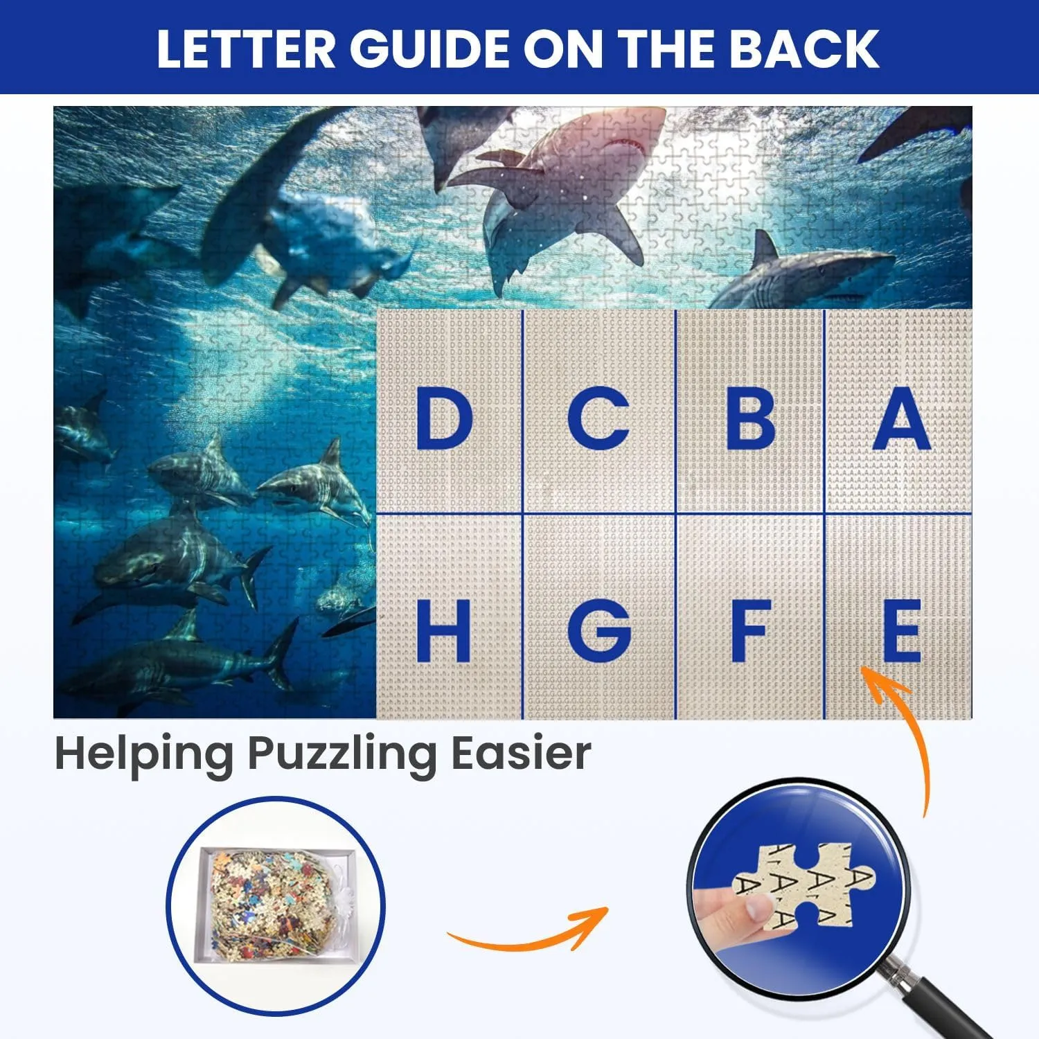 Puzzles for Adults 1000 Pieces Shark Swimming Beneath Surface Sun School Fish Foreground Wooden Jigsaw Puzzles Challenging Fun Educational Family Games Kid Toys Art Work Gift Home Decor