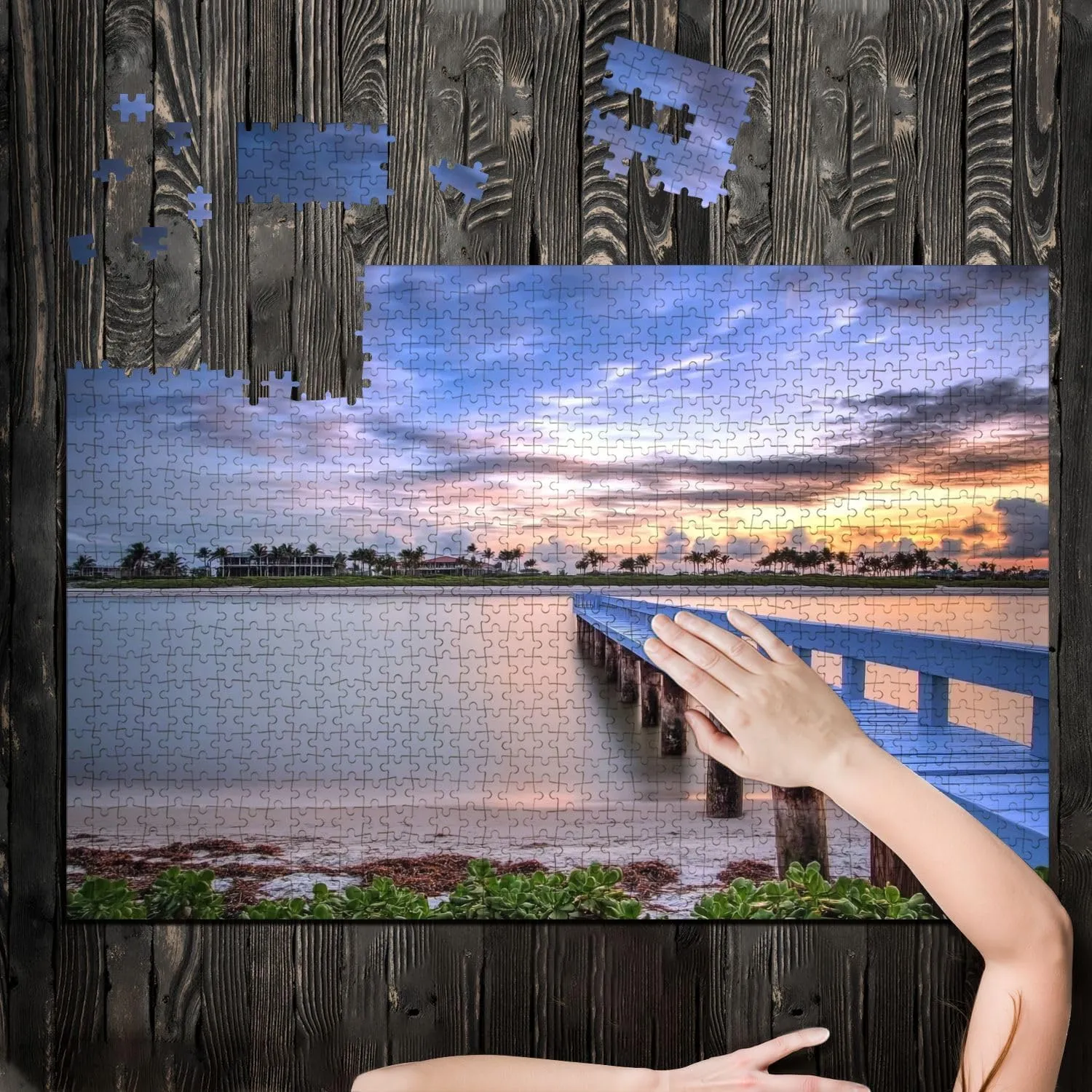 Puzzles for Adults 1000 Pieces Sunrise Naples Pier Where People Fish Dawn Naples Wooden Jigsaw Puzzles Challenging Fun Educational Family Games Kid Toys Art Work Gift Home Decor