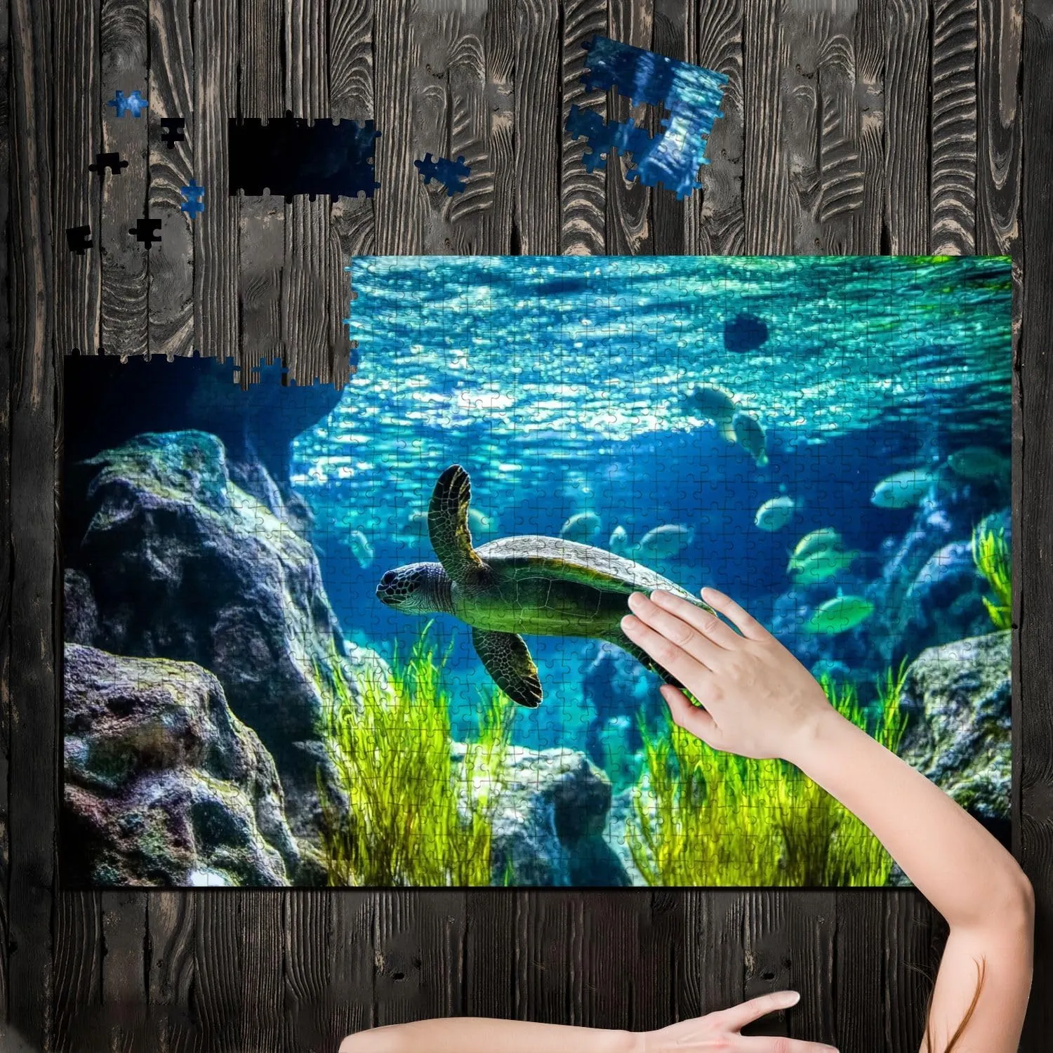Puzzles for Adults 1000 Pieces Turtle Swimming Tank Fish Wooden Jigsaw Puzzles Challenging Fun Educational Family Games Kid Toys Art Work Gift Home Decor
