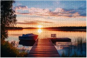 Puzzles for Adults 1000 Pieces Wooden pier Fishing Boat Sunset Lake Finland Wooden Jigsaw Puzzles Challenging Fun Educational Family Games Kid Toys Art Work Gift Home Decor