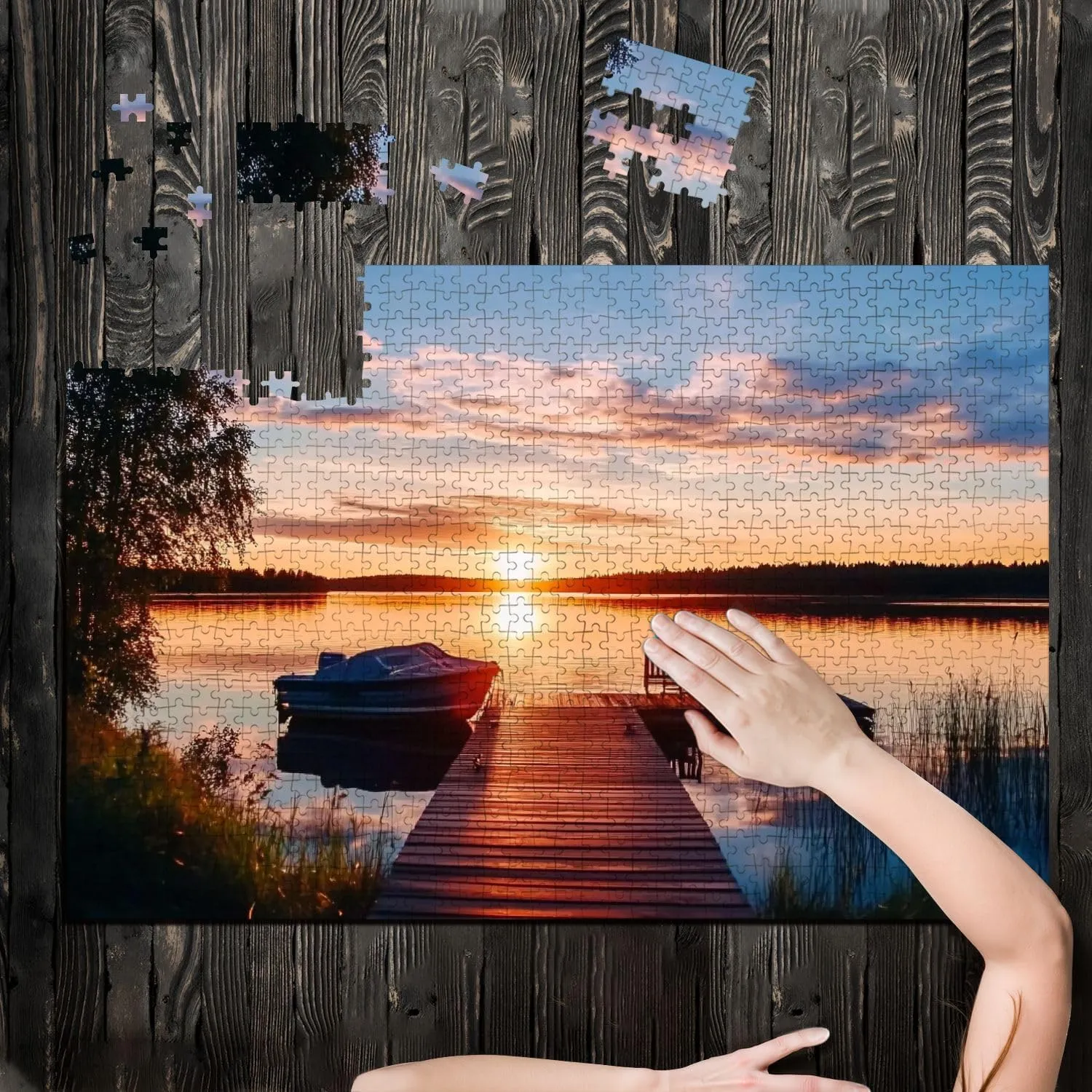 Puzzles for Adults 1000 Pieces Wooden pier Fishing Boat Sunset Lake Finland Wooden Jigsaw Puzzles Challenging Fun Educational Family Games Kid Toys Art Work Gift Home Decor