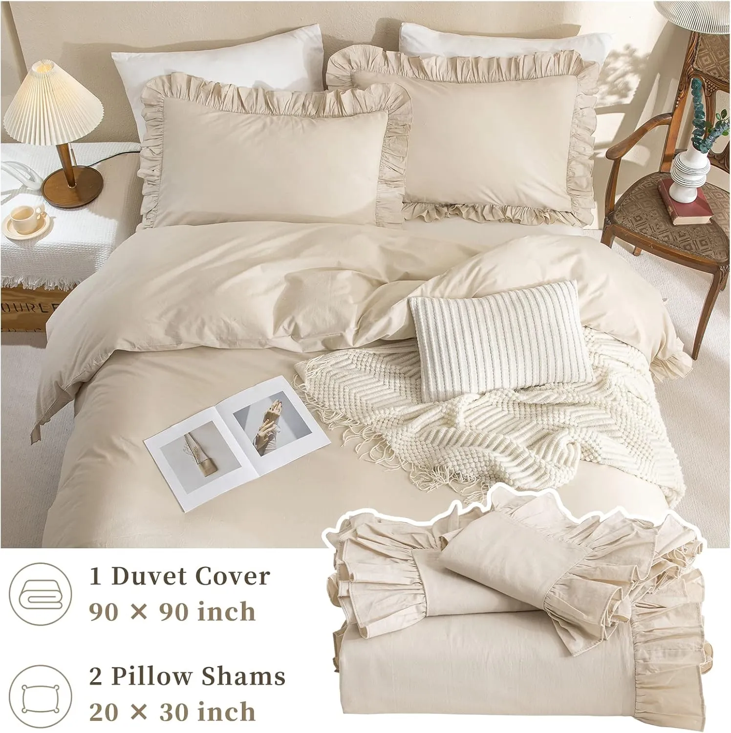 QSH 100% Cotton Queen Duvet Cover Set Ruffle Duvet Cover Linen Textured Farmhouse Shabby Vintage Chic Bedding Comforter Cover 3 Pieces Aesthetic French Country Queen Bed Set
