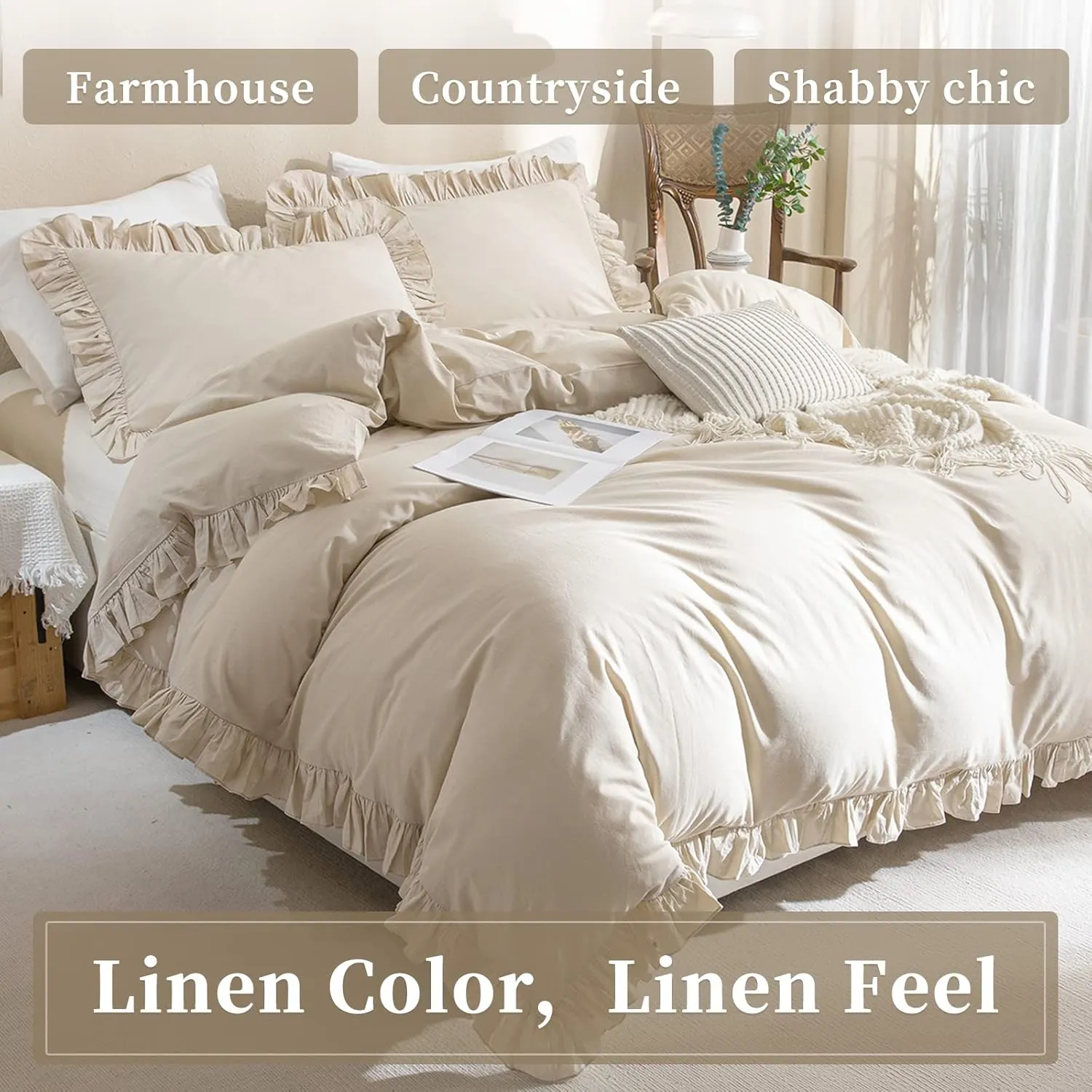 QSH 100% Cotton Queen Duvet Cover Set Ruffle Duvet Cover Linen Textured Farmhouse Shabby Vintage Chic Bedding Comforter Cover 3 Pieces Aesthetic French Country Queen Bed Set