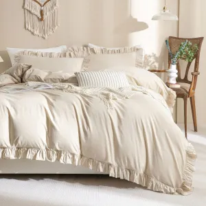 QSH 100% Cotton Queen Duvet Cover Set Ruffle Duvet Cover Linen Textured Farmhouse Shabby Vintage Chic Bedding Comforter Cover 3 Pieces Aesthetic French Country Queen Bed Set