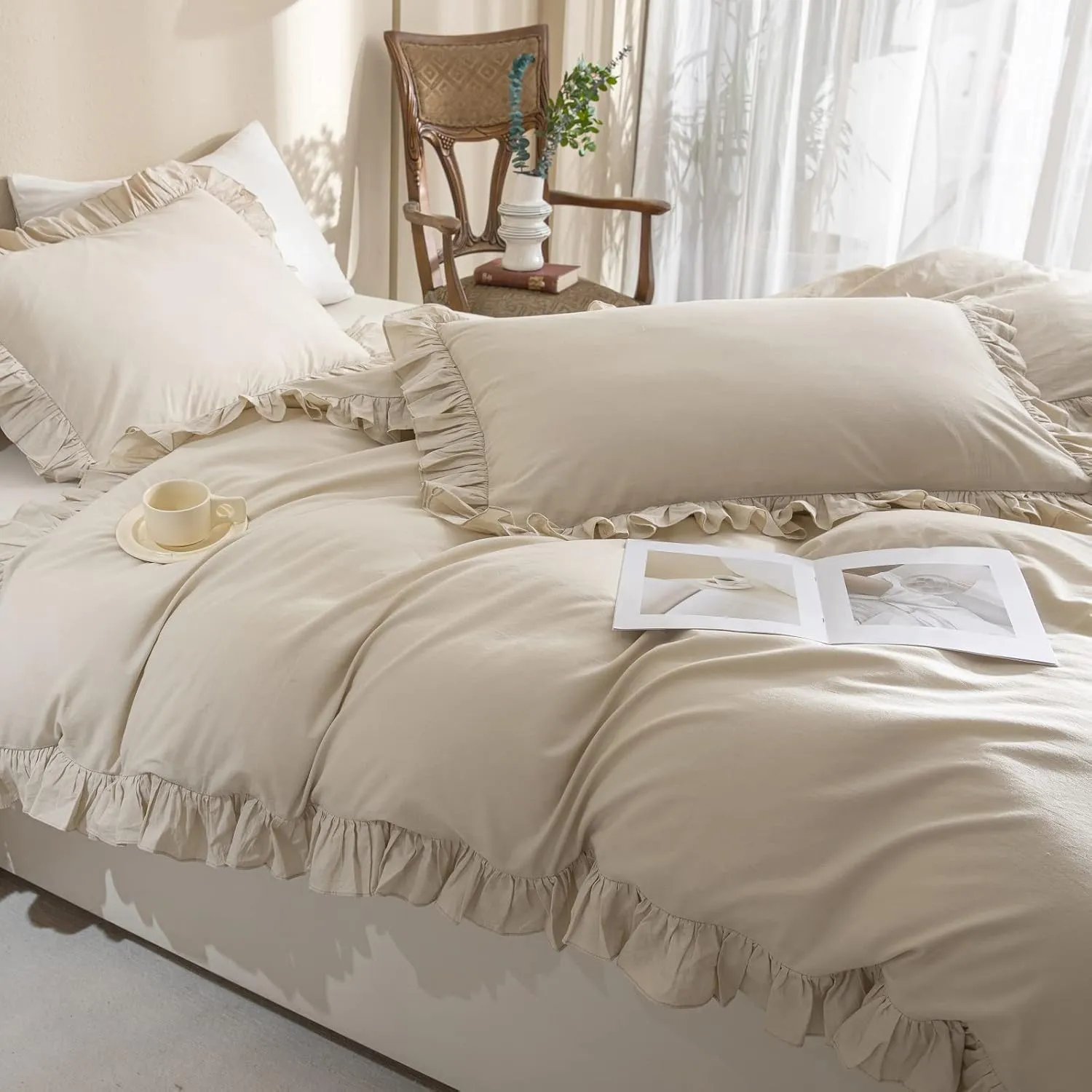 QSH 100% Cotton Queen Duvet Cover Set Ruffle Duvet Cover Linen Textured Farmhouse Shabby Vintage Chic Bedding Comforter Cover 3 Pieces Aesthetic French Country Queen Bed Set