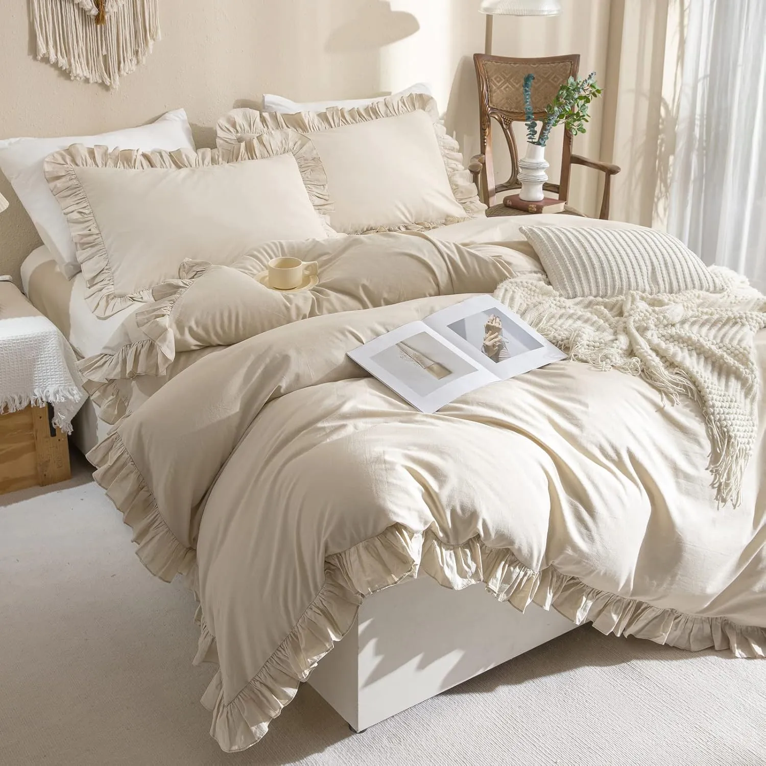 QSH 100% Cotton Queen Duvet Cover Set Ruffle Duvet Cover Linen Textured Farmhouse Shabby Vintage Chic Bedding Comforter Cover 3 Pieces Aesthetic French Country Queen Bed Set