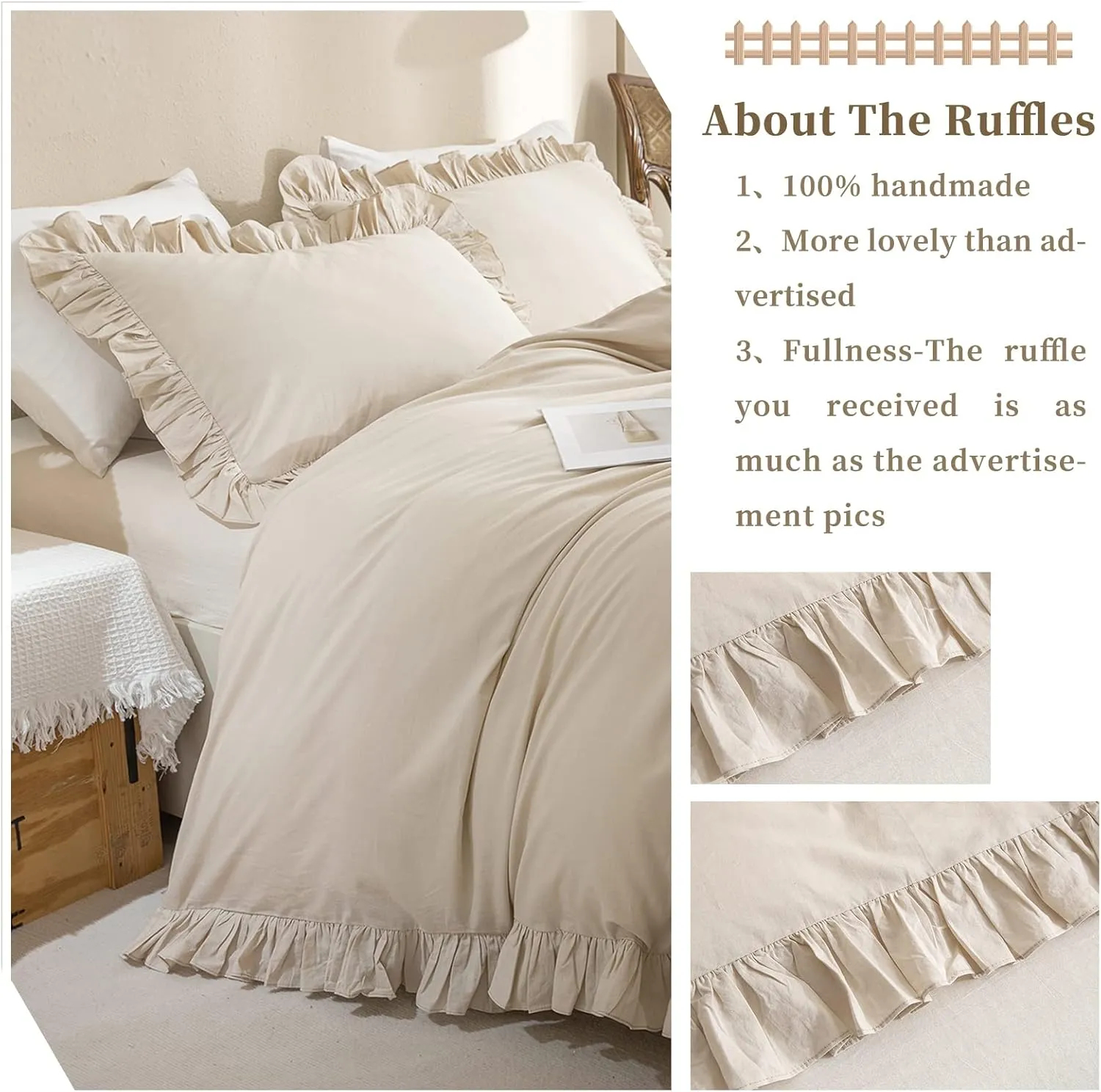 QSH 100% Cotton Queen Duvet Cover Set Ruffle Duvet Cover Linen Textured Farmhouse Shabby Vintage Chic Bedding Comforter Cover 3 Pieces Aesthetic French Country Queen Bed Set