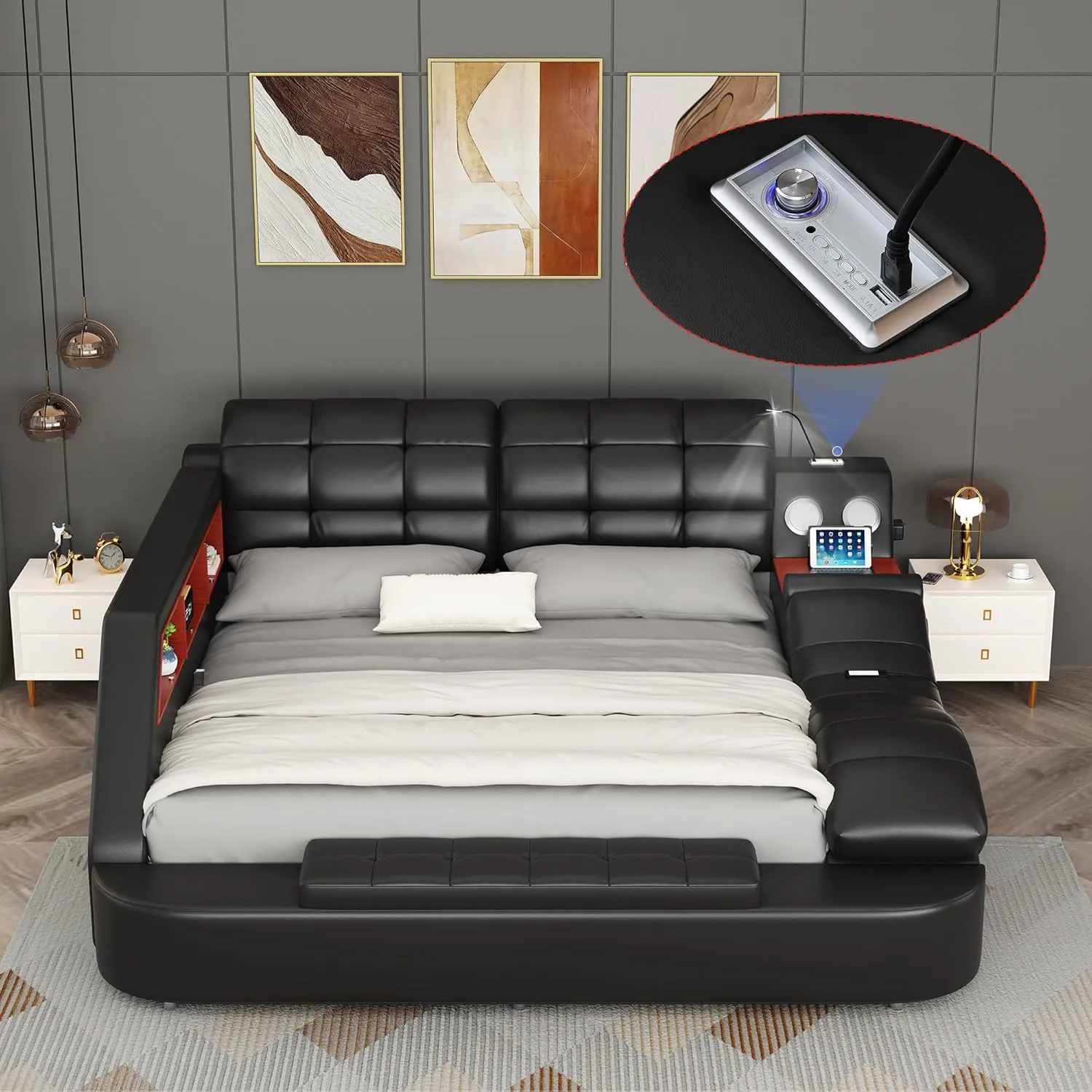 Queen Size Smart Multifuncional Bed Frame - Upholstered Leather Platform with Massage Recliner, Bluetooth Speaker, USB Charging, Storage Drawers, Strong Wooden Slats, Black