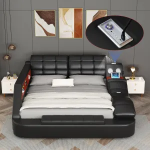 Queen Size Smart Multifuncional Bed Frame - Upholstered Leather Platform with Massage Recliner, Bluetooth Speaker, USB Charging, Storage Drawers, Strong Wooden Slats, Black