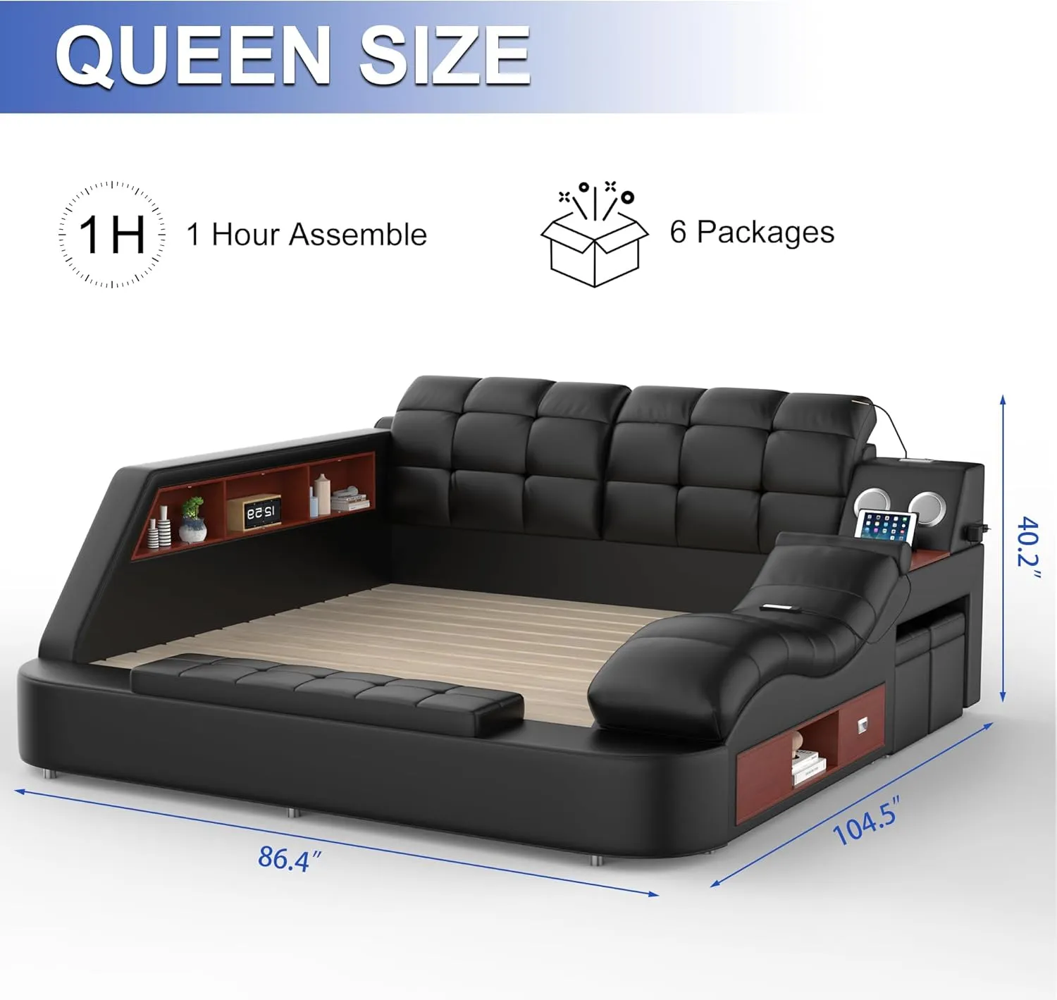 Queen Size Smart Multifuncional Bed Frame - Upholstered Leather Platform with Massage Recliner, Bluetooth Speaker, USB Charging, Storage Drawers, Strong Wooden Slats, Black