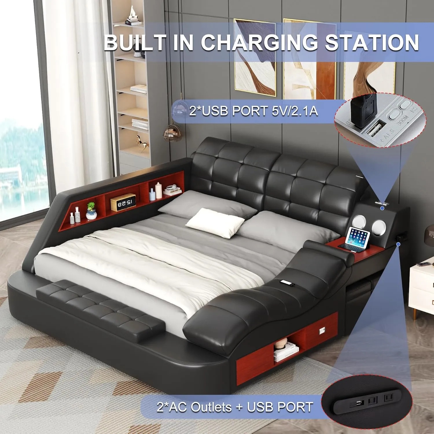 Queen Size Smart Multifuncional Bed Frame - Upholstered Leather Platform with Massage Recliner, Bluetooth Speaker, USB Charging, Storage Drawers, Strong Wooden Slats, Black