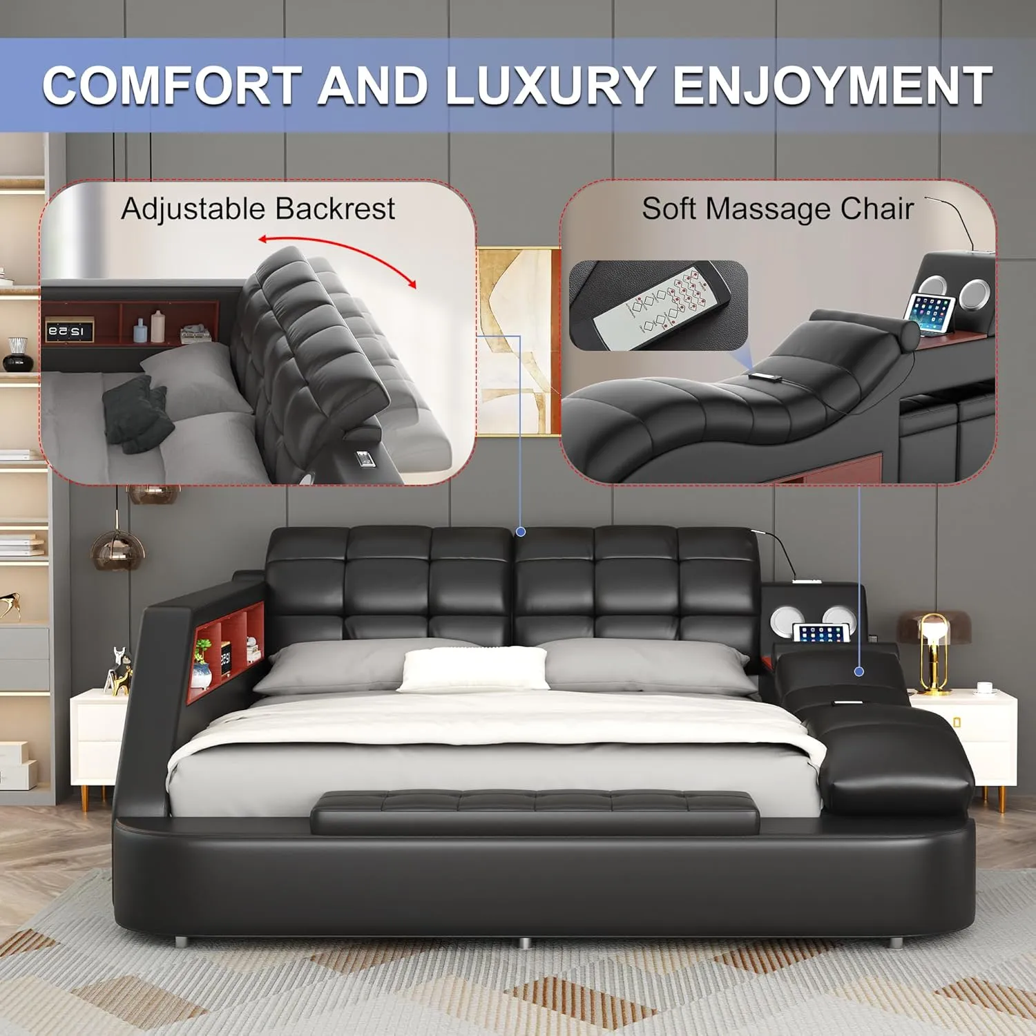 Queen Size Smart Multifuncional Bed Frame - Upholstered Leather Platform with Massage Recliner, Bluetooth Speaker, USB Charging, Storage Drawers, Strong Wooden Slats, Black