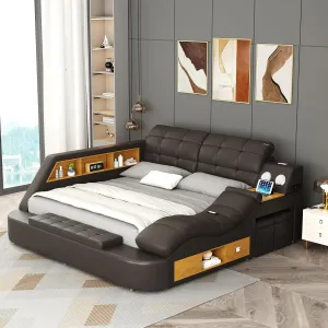 Queen Size Smart Multifuncional Bed Frame - Upholstered Leather Platform with Massage Recliner, Bluetooth Speaker, USB Charging, Storage Drawers, Strong Wooden Slats, Brown