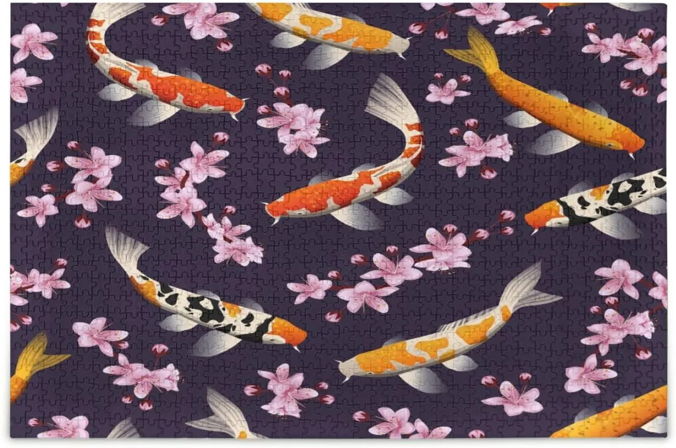 QUGRL Cherry Koi Fish Jigsaw Puzzle 1000 Pieces for Adults Teens Japanese DIY Wall Art Intellectual Decompressing Educational Fun Game