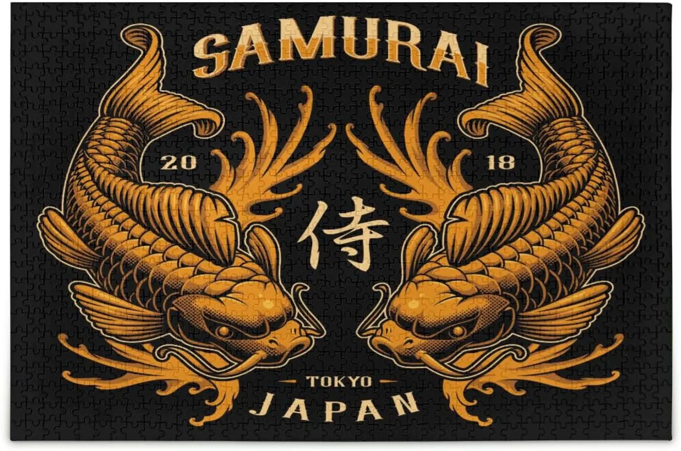 QUGRL Japan Samurai Japanese Jigsaw Puzzle 1000 Pieces for Adults Teens Abstract Golden Fish Carp DIY Wall Art Intellectual Decompressing Educational Fun Game