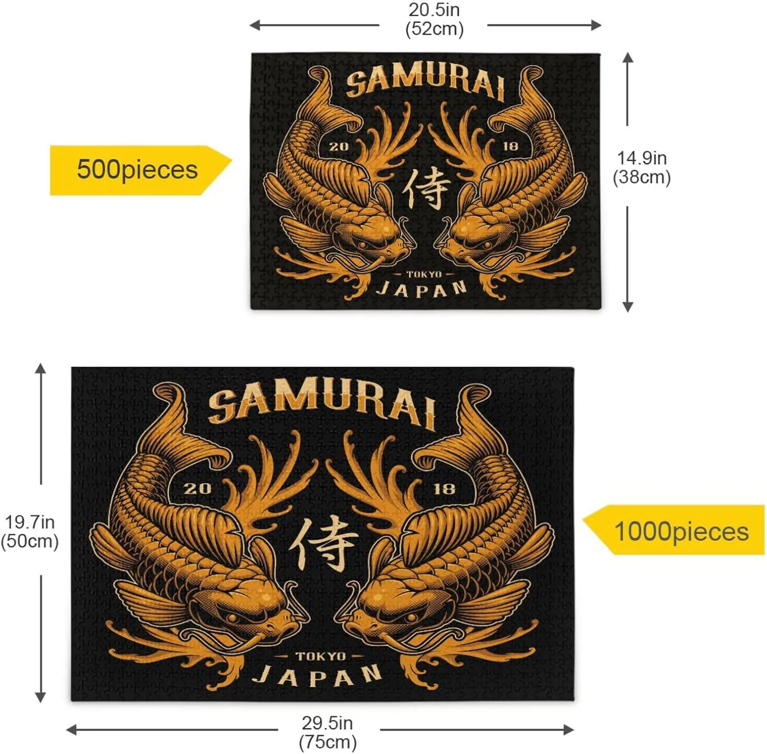 QUGRL Japan Samurai Japanese Jigsaw Puzzle 1000 Pieces for Adults Teens Abstract Golden Fish Carp DIY Wall Art Intellectual Decompressing Educational Fun Game