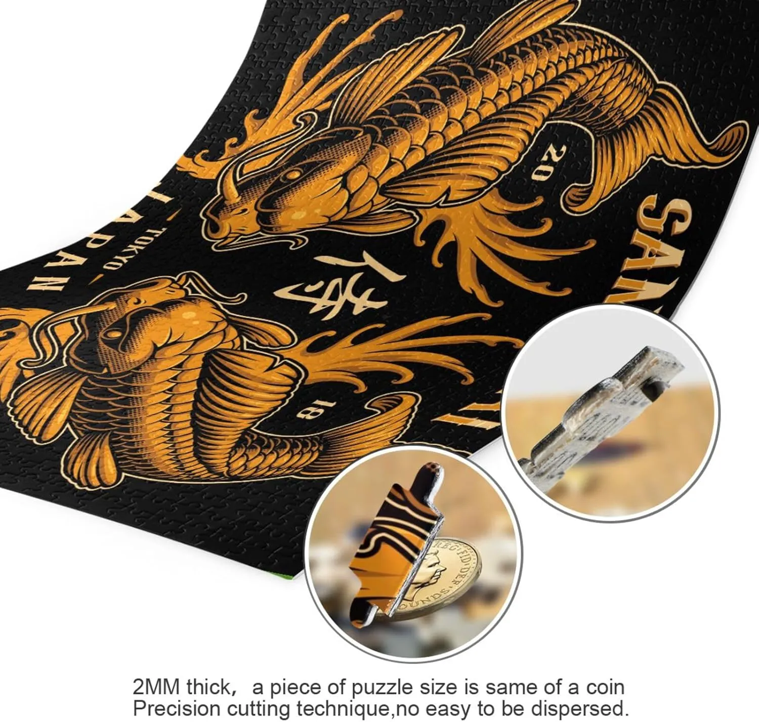 QUGRL Japan Samurai Japanese Jigsaw Puzzle 1000 Pieces for Adults Teens Abstract Golden Fish Carp DIY Wall Art Intellectual Decompressing Educational Fun Game