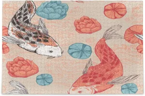QUGRL Koi Fish Watercolor Jigsaw Puzzle 1000 Pieces for Adults Teens Japanese Flower DIY Wall Art Intellectual Decompressing Educational Fun Game