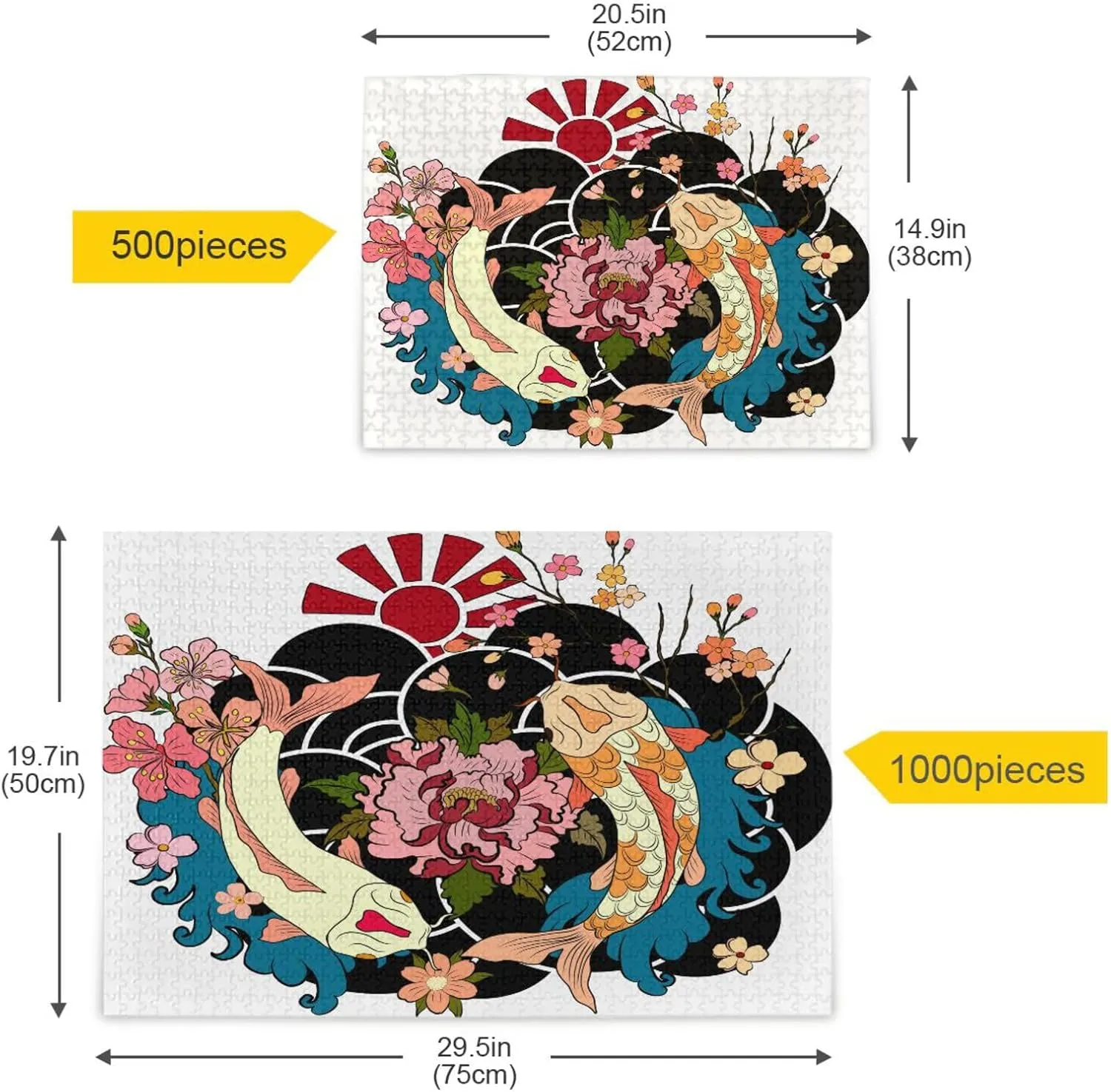 QUGRL Two Koi Fish Japanese Jigsaw Puzzle 1000 Pieces for Adults Teens Sunrise Flower Blossom DIY Wall Art Intellectual Decompressing Educational Fun Game