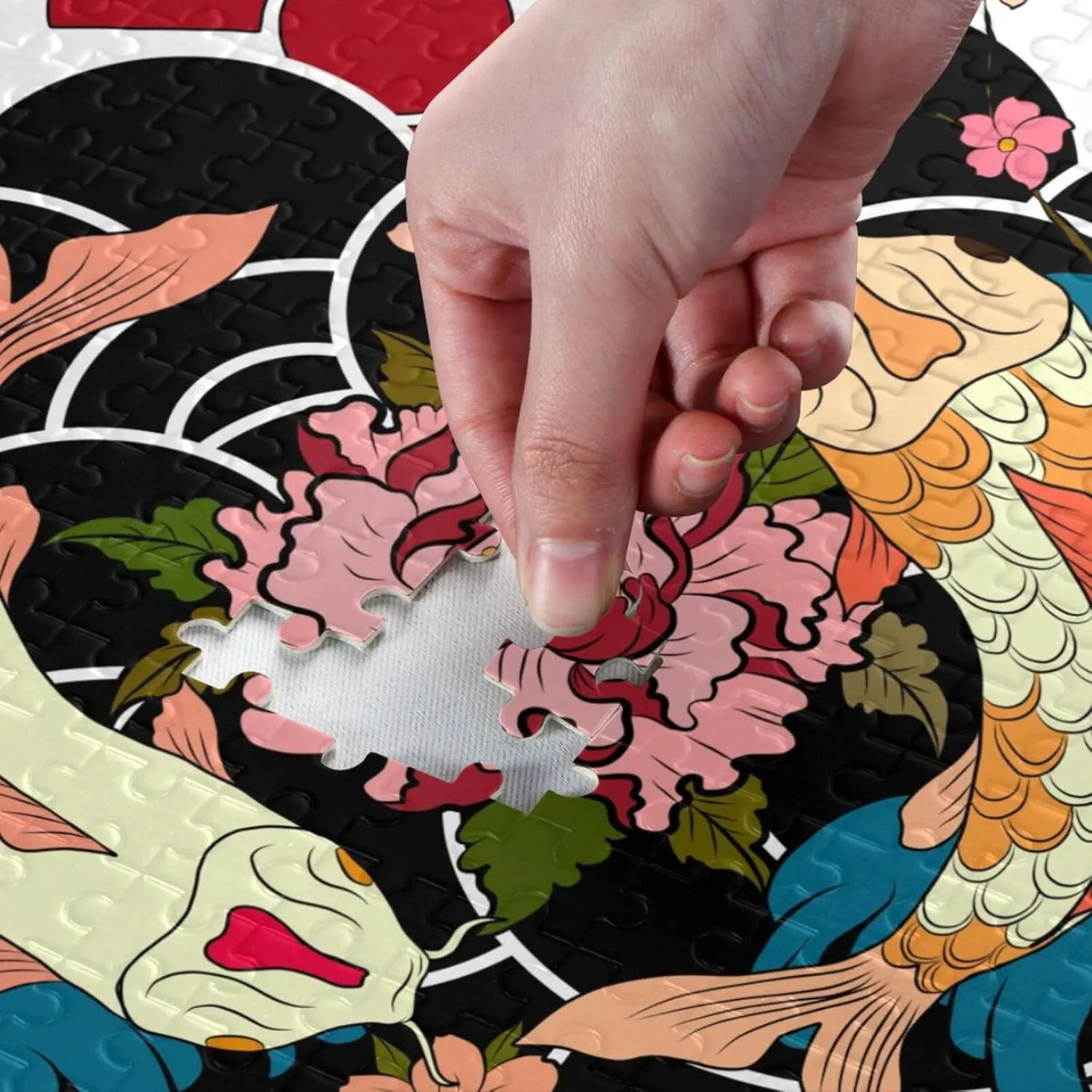 QUGRL Two Koi Fish Japanese Jigsaw Puzzle 1000 Pieces for Adults Teens Sunrise Flower Blossom DIY Wall Art Intellectual Decompressing Educational Fun Game