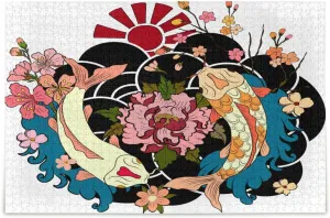 QUGRL Two Koi Fish Japanese Jigsaw Puzzle 1000 Pieces for Adults Teens Sunrise Flower Blossom DIY Wall Art Intellectual Decompressing Educational Fun Game