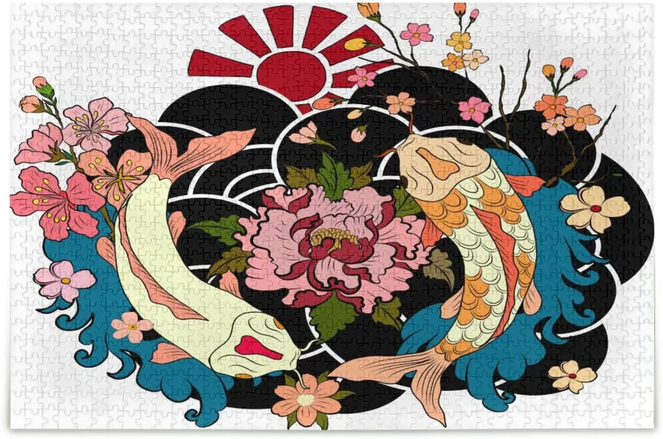 QUGRL Two Koi Fish Japanese Jigsaw Puzzle 1000 Pieces for Adults Teens Sunrise Flower Blossom DIY Wall Art Intellectual Decompressing Educational Fun Game