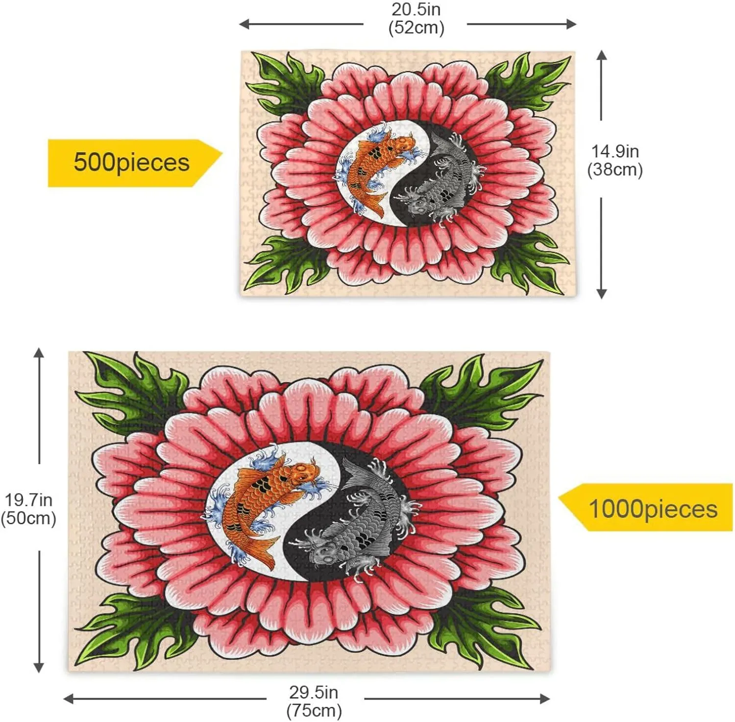 QUGRL Yin Yang Flower Jigsaw Puzzle 1000 Pieces for Adults Teens Japanese Koi Fish DIY Wall Art Intellectual Decompressing Educational Fun Game