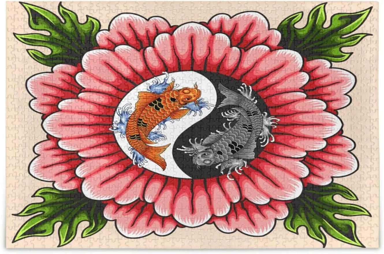 QUGRL Yin Yang Flower Jigsaw Puzzle 1000 Pieces for Adults Teens Japanese Koi Fish DIY Wall Art Intellectual Decompressing Educational Fun Game