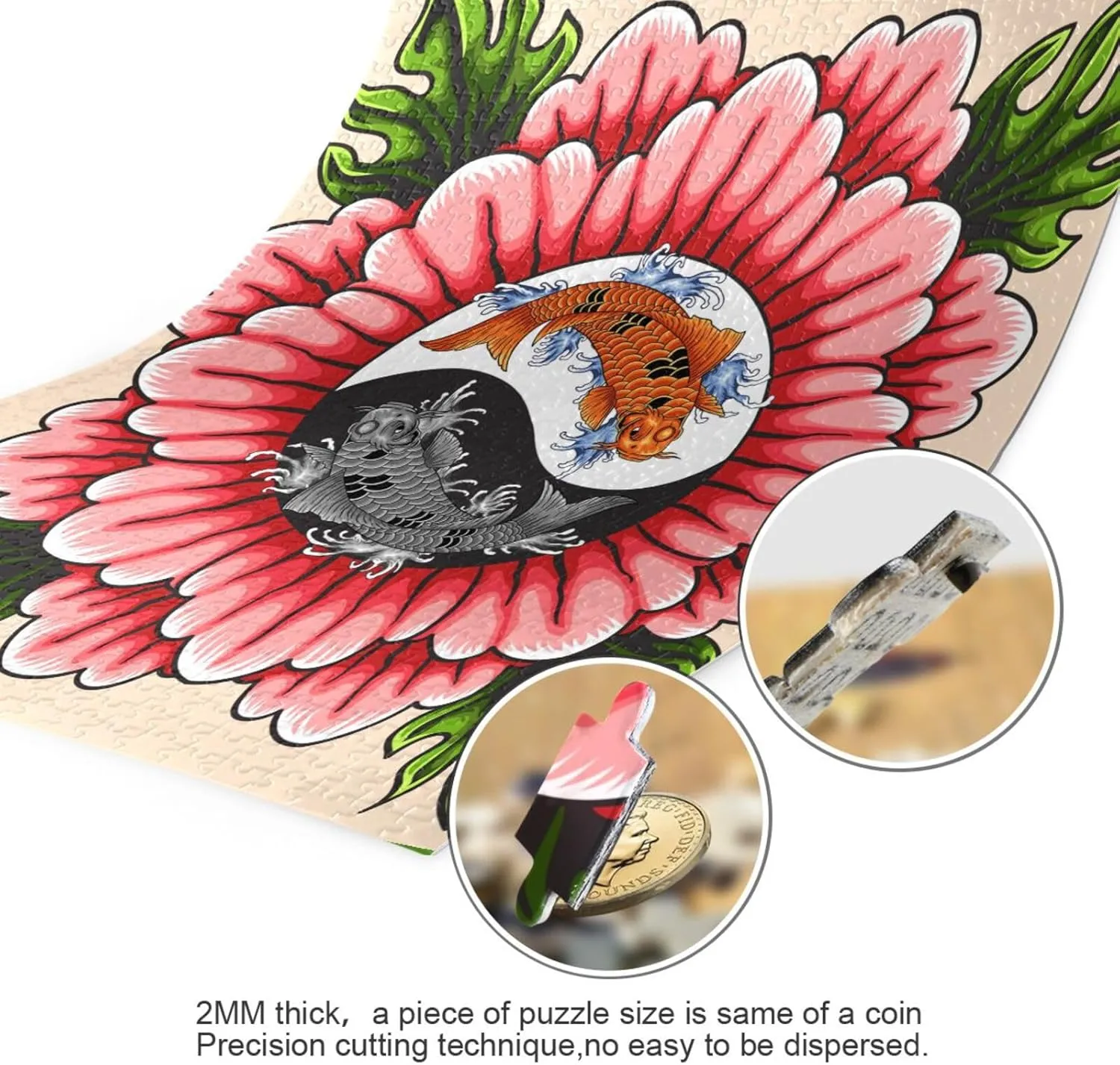 QUGRL Yin Yang Flower Jigsaw Puzzle 1000 Pieces for Adults Teens Japanese Koi Fish DIY Wall Art Intellectual Decompressing Educational Fun Game