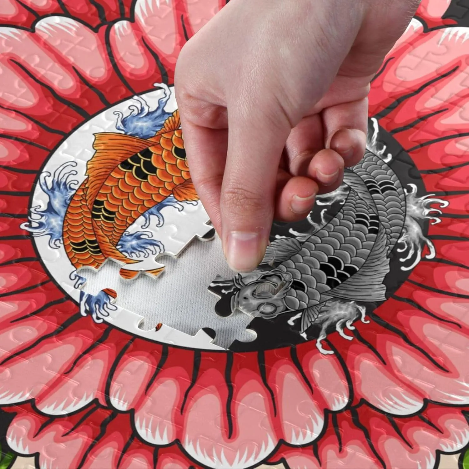 QUGRL Yin Yang Flower Jigsaw Puzzle 1000 Pieces for Adults Teens Japanese Koi Fish DIY Wall Art Intellectual Decompressing Educational Fun Game