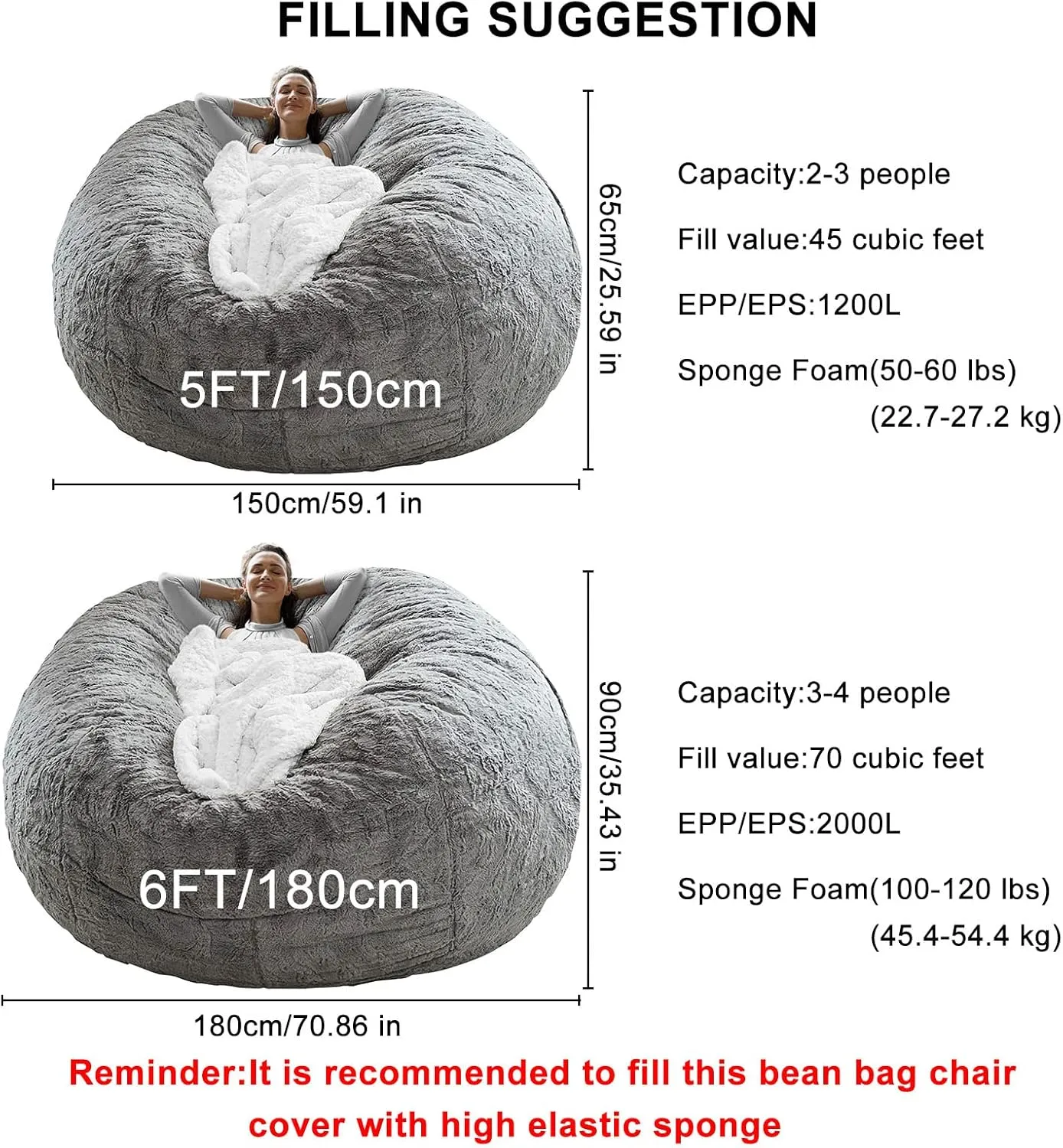 RAINBEAN Bean Bag Chair Cover - Big Round Soft Fluffy PV Velvet Sofa Bed Cover for Living Room, Lazy Sofa, 6ft Snow Coffee