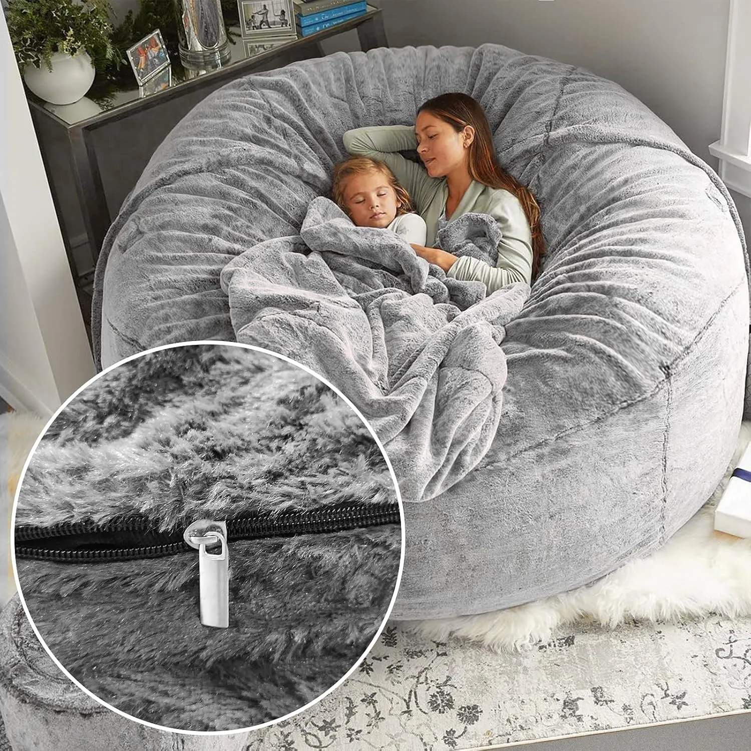 RAINBEAN Bean Bag Cover - Big Round Soft Fluffy PV Velvet Sofa Bed Cover for Living Room, Lazy Sofa - 5ft Snow Gray