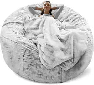 RAINBEAN Bean Bag Cover - Big Round Soft Fluffy PV Velvet Sofa Bed Cover for Living Room, Lazy Sofa - 5ft Snow Gray