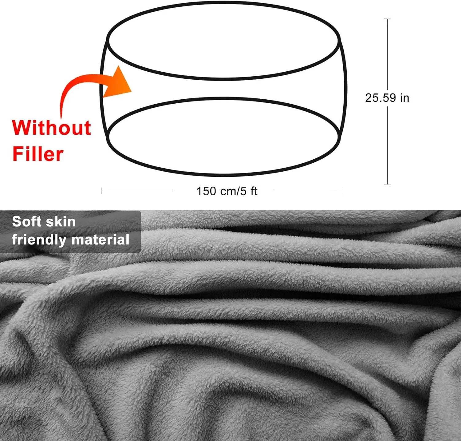 RAINBEAN Bean Bag Cover - Big Round Soft Fluffy PV Velvet Sofa Bed Cover for Living Room, Lazy Sofa - 5ft Snow Gray